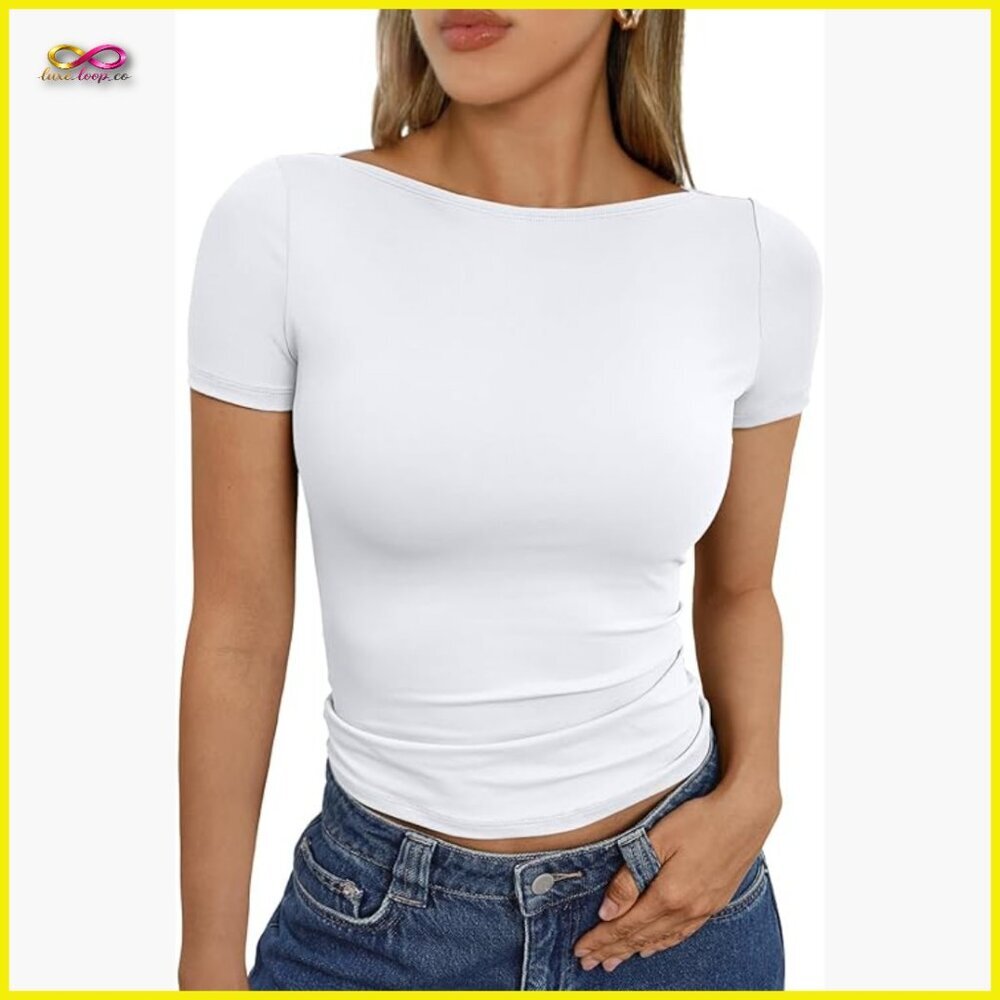 Fitted Compression T-Shirt Boat Neck Short Sleeve Y2K Chic Summer Top